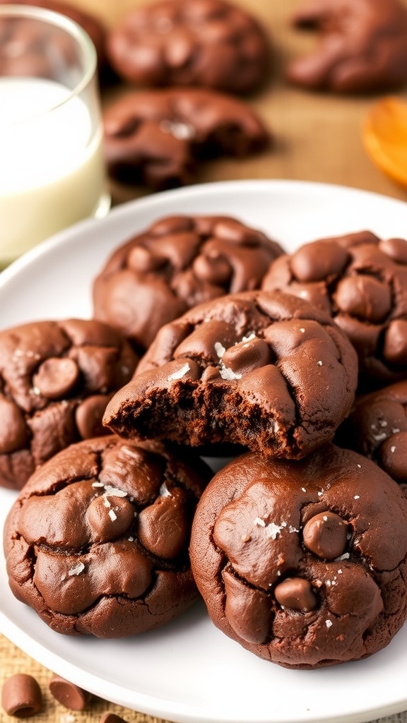 A plate of chewy chocolate brownie cookies, some cookies broken to show gooey chocolate chips, with a glass of milk.